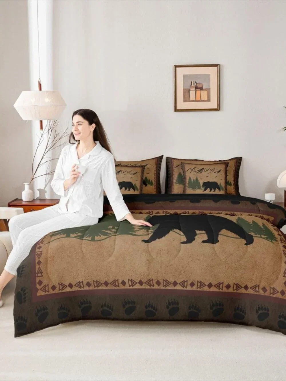 7 Pcs Bear Comforter Set King, Rustic Lodge Theme Bedding Sets for Kids Boys Tee